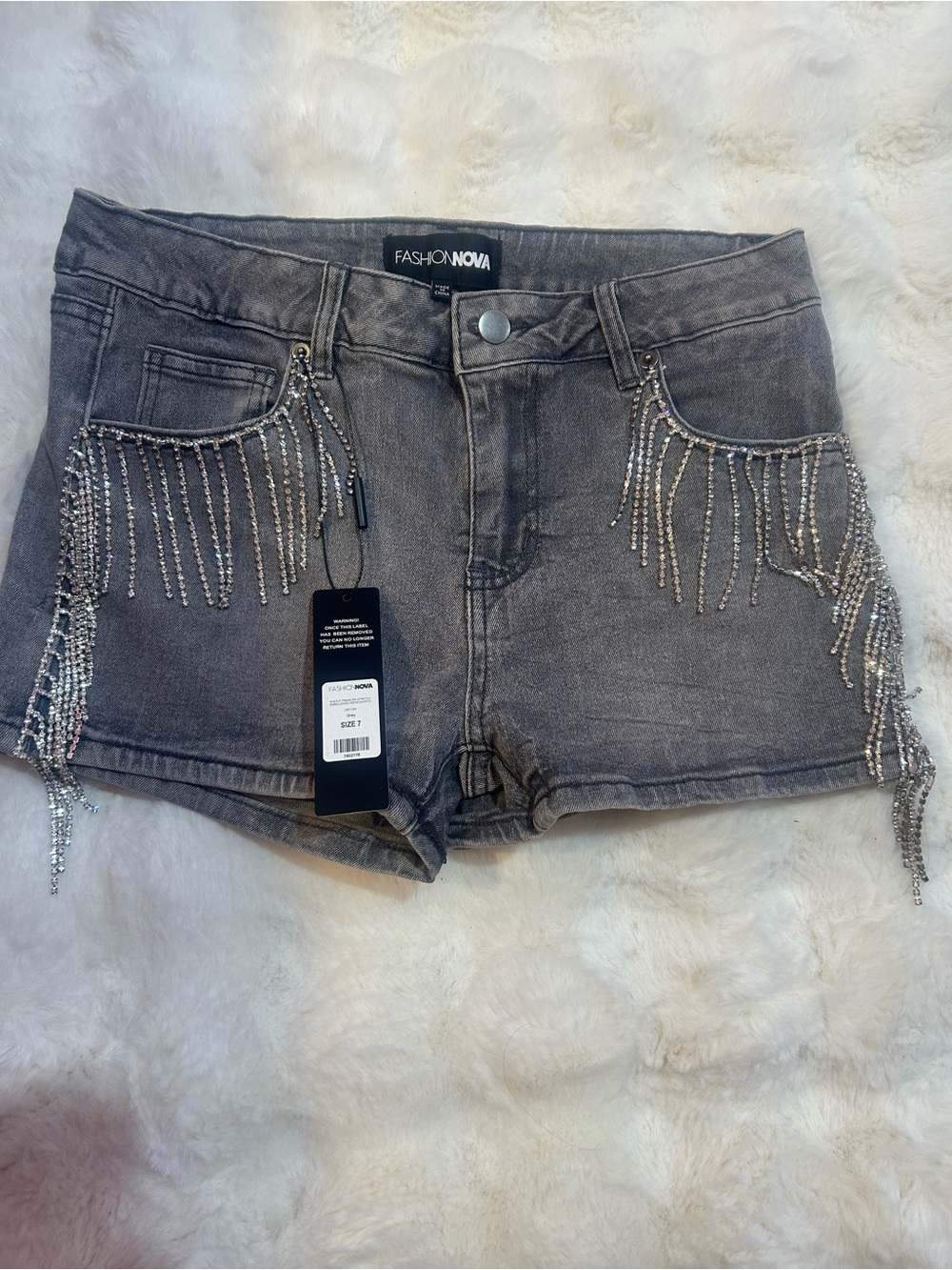 Fashion Nova Gray Rhinestone Fringe Denim Shorts